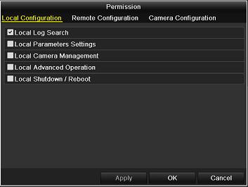Figure 13. 8 User Permission Settings Interface 6. Set the operating permission of Local Configuration, Remote Configuration and Camera Configuration for the user.