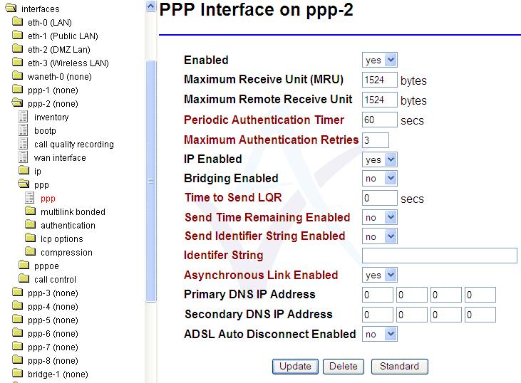 Figure 10: The PPP interface page To view the Asynchronous Link field, click Advanced to display all fields. Field name Configuration Command Line Enables the ppp-2 interface.