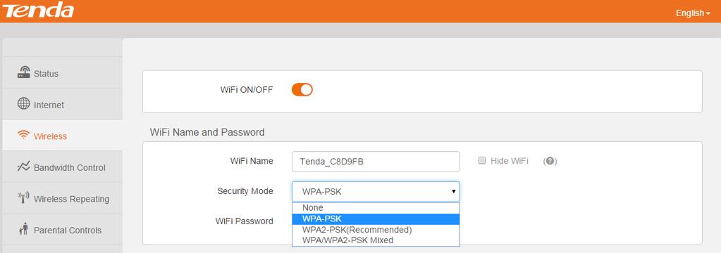 the WiFi name on each wireless client manually. Security Mode: The router offers three security modes: WPA-PSK, WPA2-PSK (Recommended), and WPA/WPA2-PSK Mixed.