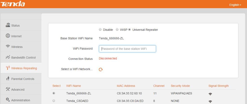 ❷ Log in to the Router s User Interface, and click Wireless Repeating. Click the Universal Repeater button to enable the Universal Repeater feature.