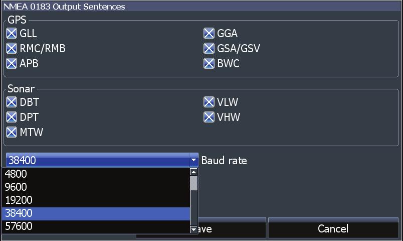 Power/NMEA cable 000-0127-49) To select a Baud rate: 1. Access the settings menu. 2.