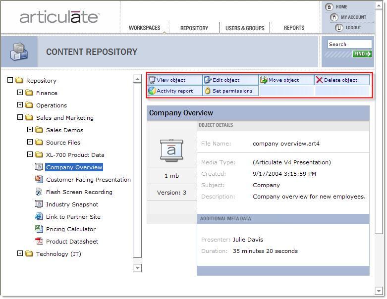 Articulate Knowledge Portal 4 Documentation The Repository Tasks Panel The Repository Tasks Panel will display different tasks depending on whether you select a folder or a file.