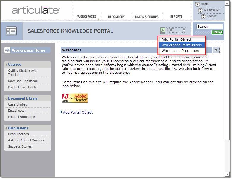 Articulate Knowledge Portal 4 Documentation Image 7: Accessing Workspace Permissions for the Salesforce Knowledge Portal. The portal's home page is shown.