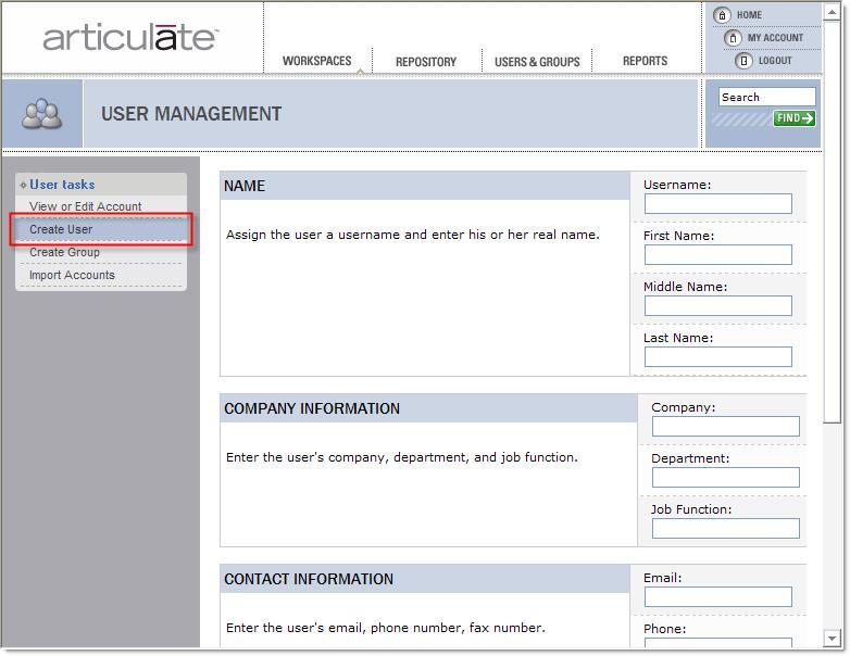 Articulate Knowledge Portal 4 Documentation Create User Use the Create User section to add user accounts to your Articulate Knowledge Portal. To create a new user: 1. Click the Create User link. 2.