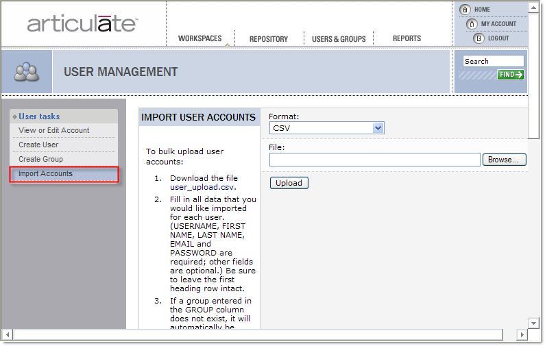 Articulate Knowledge Portal 4 Documentation Import Accounts Use the Import Accounts section to add user or group accounts in bulk to your Articulate Knowledge Portal. To Import Accounts: Note: 1.