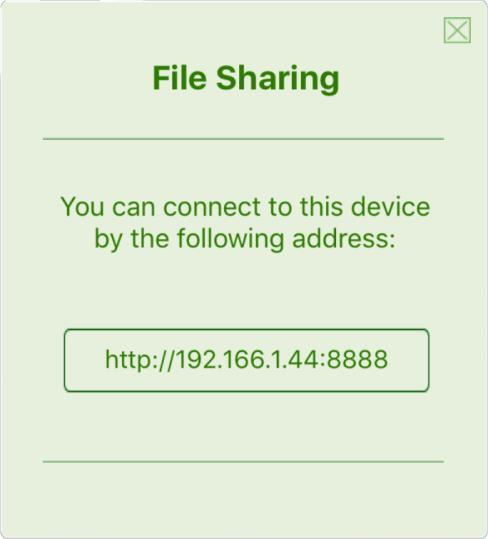 2.7.2 From device to Touch Screen From your device select the File Sharing option from the footer menu: You will then be presented with an IP address, like this: Next launch the Browser section of
