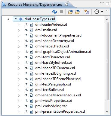 This view is useful for example when you want to start from an XML Schema (XSD) file and build and review the hierarchy of all the other XSD files that are imported, included or redefined in the