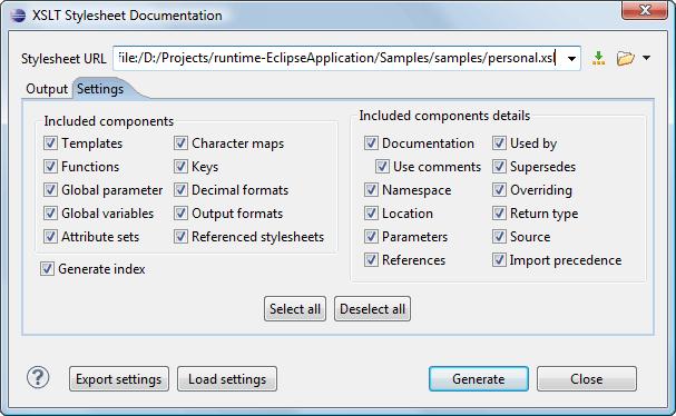 Editing Documents 148 Figure 95: The Settings Panel of the XSLT Stylesheet Documentation Dialog When you generate documentation for an XSLT stylesheet you can choose what XSLT elements to include in