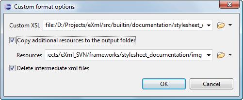 Editing Documents 152 Figure 100: The Custom Format Options Dialog When using a custom format, you can also copy additional resources into the output folder or choose to keep the intermediate XML