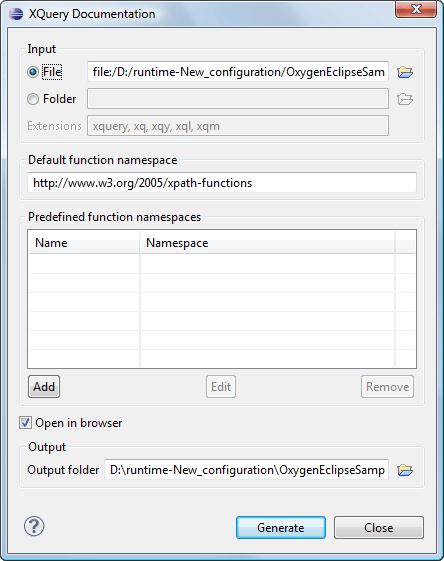 Editing Documents 161 Figure 107: The XQuery Documentation Dialog Input - The Input panel allows the user to specify either the File or the Folder which contains the files for which to generate the
