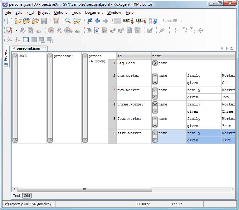 JSON Editor Grid Mode Editing Documents 165 Figure 111: JSON Editor Grid Mode Oxygen XML Developer plugin allows you to view and edit the JSON documents in the Grid Mode.
