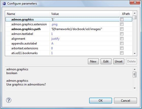Transforming Documents 200 Figure 128: Configure parameters dialog The table presents all the parameters of the XSLT stylesheet, all imported and included stylesheets and all additional stylesheets