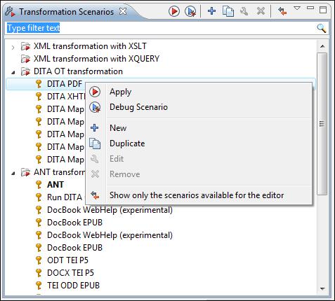 Transformation Scenarios View Transforming Documents 204 The list of transformation scenarios may be easier to manage for some users as a list presented in a dockable and floating view called