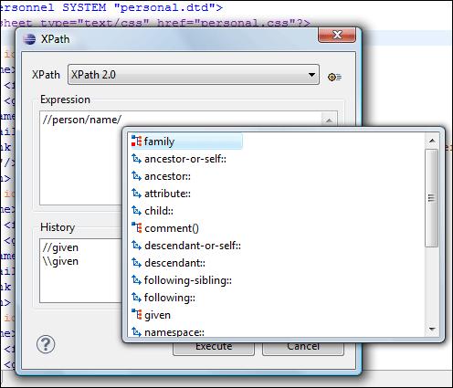 Querying Documents 215 Figure 134: Content Completion in the XPath console The evaluation of the XPath expression tries to resolve the locations of documents referred in the expression through the