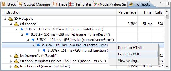 Profiling XSLT Stylesheets and XQuery Documents 245 Figure 159: Hotspots View By opening a hotspot instruction entry, the tree of back-traces leading to that instruction call are calculated and shown.