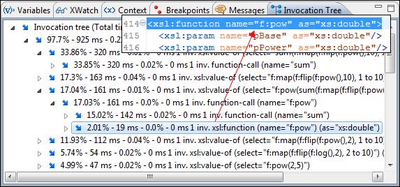 Profiling XSLT Stylesheets and XQuery Documents 246 Figure 160: Source backmapping In any of the above views you can use the backmapping feature in order to find the XSLT stylesheet or XQuery