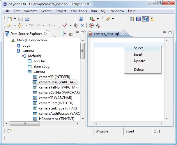 3. Drag the table or a column of the table into the editor where a SQL file is open. DND is available both on the table and on its fields. A popup menu is displayed in the SQL editor.