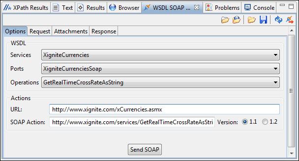 For the currently edited WSDL file the WSDL SOAP Analyser tool can be opened by: pressing the toolbar button WSDL SOAP Analyser going to the menu item WSDL > WSDL SOAP Analyser going to submenu of