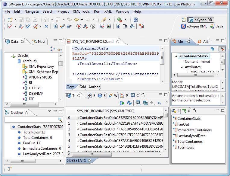 Getting Started 33 Figure 12: Database perspective Main menu - provides access to all the features and functions available within Oxygen XML Developer plugin.