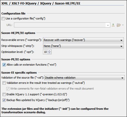 Configuring the Application 353 Figure 207: The Saxon XQuery Preferences panel The XQuery preferences for the Saxon 9.3.0.5 are the following: Use a configuration file ("-config") - Sets a Saxon 9 configuration file that will be used for XQuery transformation and validation.