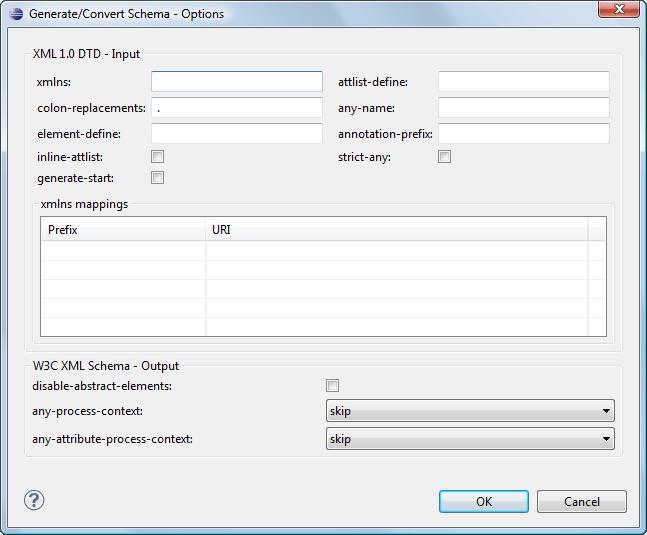 Editing Documents 73 Figure 38: Convert a Schema to Other Schema Language - Advanced Options For the Input panel: xmlns field - Specifies the default namespace, that is the namespace used for