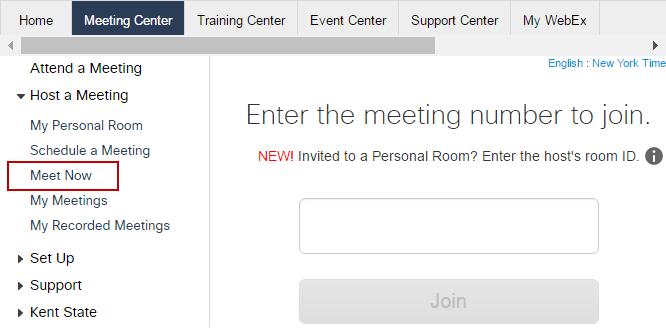 Instant Meetings Meet Now Clicking the Meet Now link in the Host a Meeting menu allows