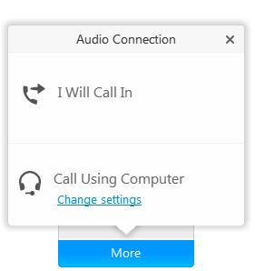 As host, options will be available to use the telephone or computer for audio, based upon selections made in the Meeting Center