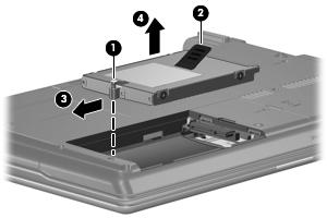 6. Remove the hard drive (4) from the hard drive bay. 7.