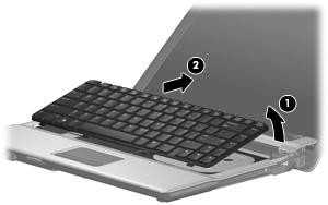 Lift the rear edge of the keyboard (1) until it rests at an angle, and slide it