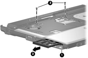 The second press releases the ExpressCard slot bezel from the ExpressCard slot. 5. Remove the ExpressCard slot bezel (2). 6. Remove the two Torx T8M2.5 7.