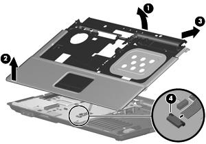 10. Release the ZIF connector (4) to which the TouchPad cable is connected and disconnect the TouchPad cable from the system