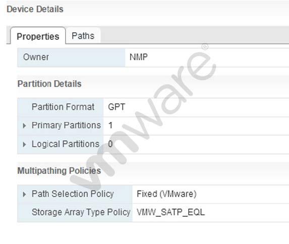 An administrator wishes to provide Load Balanced I/O for the device shown in the Exhibit. To meet this requirement, which setting should be changed? A. Storage Array Type Policy = VMW_NMP_RR B.