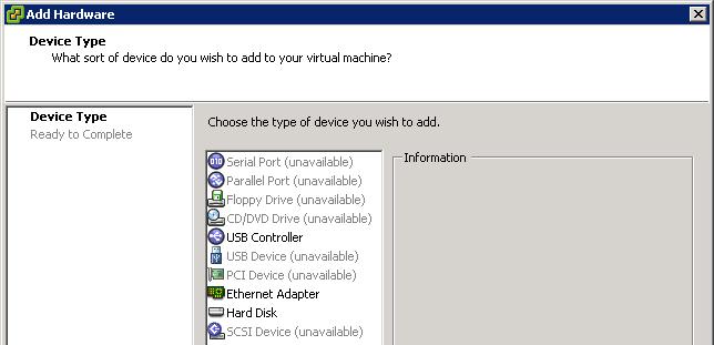 USB Virtual Device Support ESXi VMs support USB controllers, devices First, add a USB controller to a running VM Then connect up to 20 USB devices Assign physical USB host devices or USB devices from