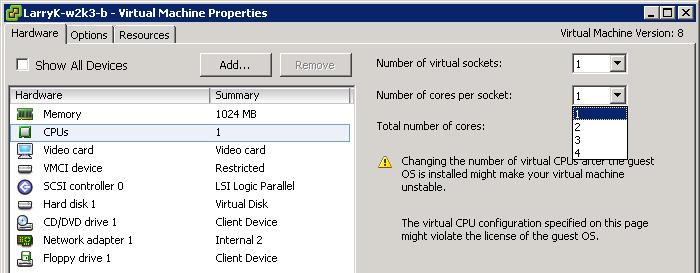 vcpu Sockets, Cores vcpus can have 1-8 virtual cores/socket Number of sockets depend on guest OS E.g. Windows desktop OS' have 2 sockets max.