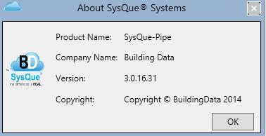About SysQue Pipe - Clicking on this brings up the About SysQue Systems window, which lists, among other things, the SysQue System Pipe version number.