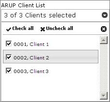 General Information ARUP Client List The ARUP Client List drop-down list shows all client IDs and names you are authorized for. Clients that are selected here are included in your results.