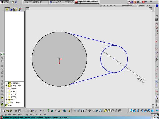 p. Select the line tool and draw a line which connects the edges of both circles. When done the sketch should look something like the following. Line q.
