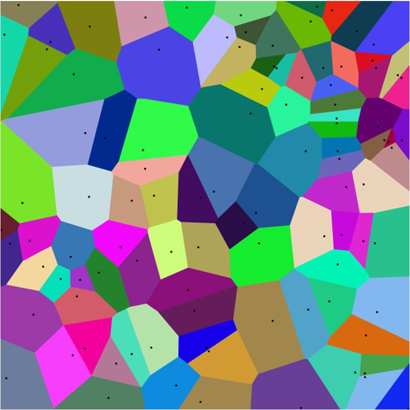 Voronoidiagram Decomposition of a metric space determined by distances to a specified discrete set of centers in the space Each colored cell represents the