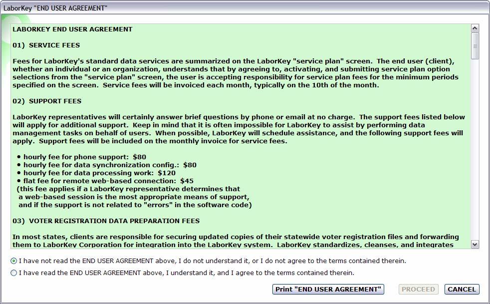 Clicking the AGREE, SUBMIT, & ACTIVATE button opens the LABORKEY END USER AGREEMENT screen illustrated above.
