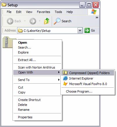 Step 2 extract LaborKey setup files After the compressed setup file is finished downloading, right-click on the compressed file to open a shortcut menu with options as illustrated to the left.