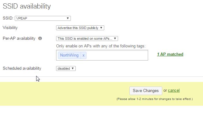 5 Navigate to Wireless> CONFIGURE> SSID availability. 6 Select each AP in turn from the dropdown list.