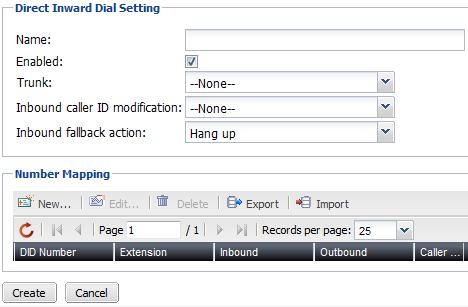 Figure 70: DID setting GUI field Direct Inward Dial Setting Name Enabled Trunk Inbound caller ID modification Inbound fallback action Number Mapping Enter a name for this DID setting.