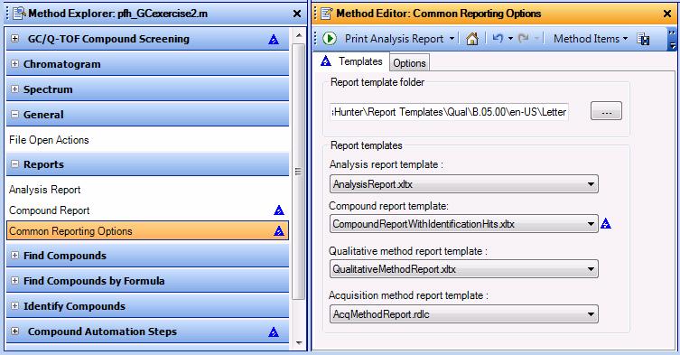 In the Method Explorer window, click Reports > Common Reporting Options. Select CompoundReport WithIdentifictionHits.xlsx s the Compound report templte.