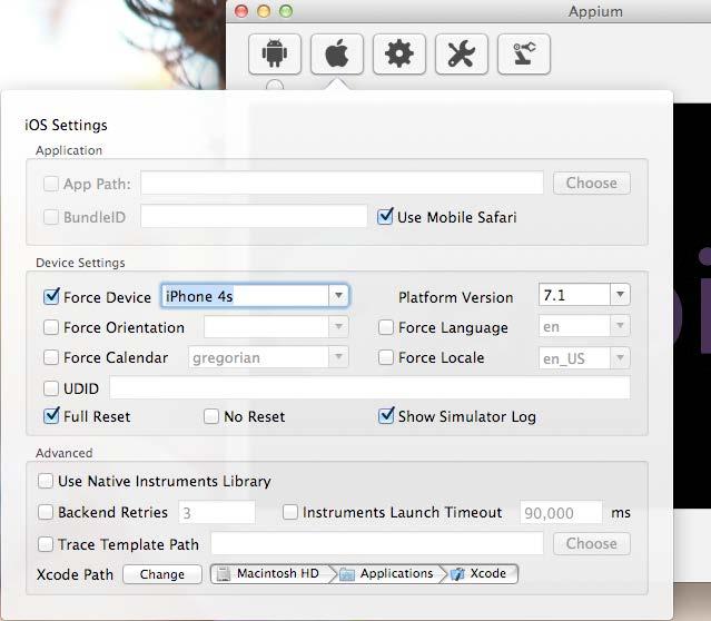 Testing Applications on Mobile Browsers 3. On the ios Settings dialog, select the Force Device checkbox and specify (iphone 4s) in the ios section.