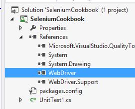 Expand the References tree for the SeleniumCookbook solution in Solution Explorer. References for WebDriver are added to the project as shown in the following screenshot: 9.