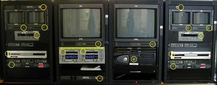 3) Ensure that all 18 power switches are turned on in all 4 racks: 4) The duplication system can be used for a variety of tasks: a. Duplicate DV tape to DV tape (only from left deck to right deck) i.