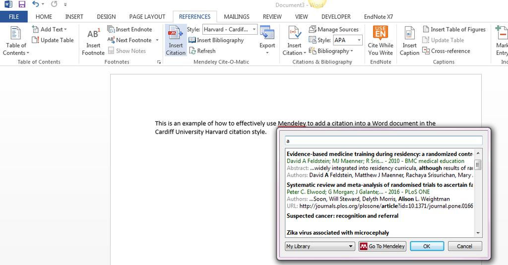 3 Using Mendeley within Word 3.1 Adding a citation to Word 1. Place the cursor where you want the citation 2. Click the References tab 3.