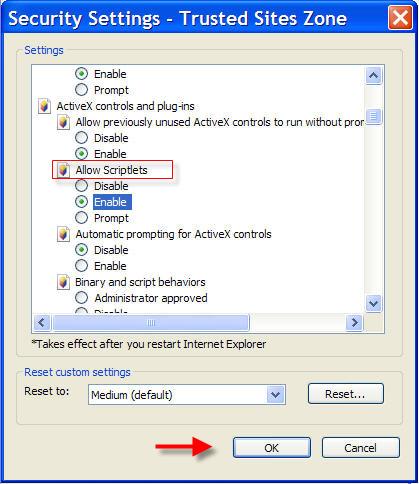 Scroll down and look for the ActiveX controls and plug-ins section and the Allow Scriptlets setting.