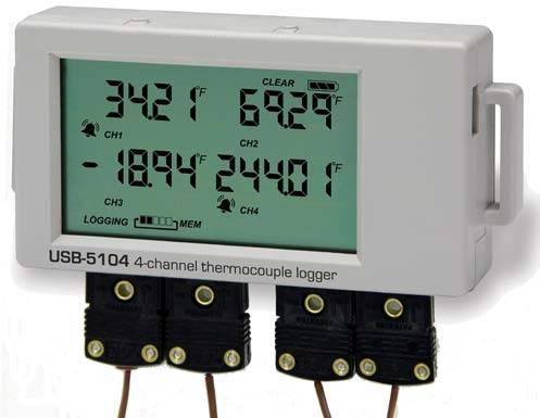 Multi-Channel Data Loggers Features Stand-alone, remote multi-channel data loggers USB-5104 is a high-accuracy, fourchannel thermocouple data logger that records temperature in indoor environments
