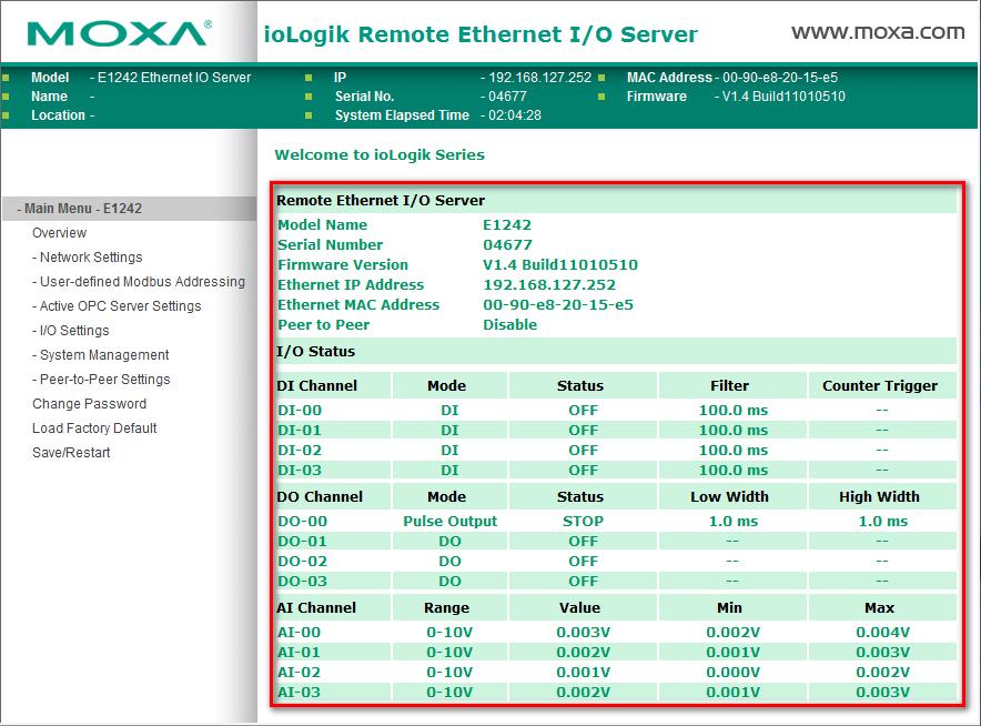 Using the Web Console Overview The Overview page contains basic information about the iologik E1200, including the model name, serial number, firmware version,